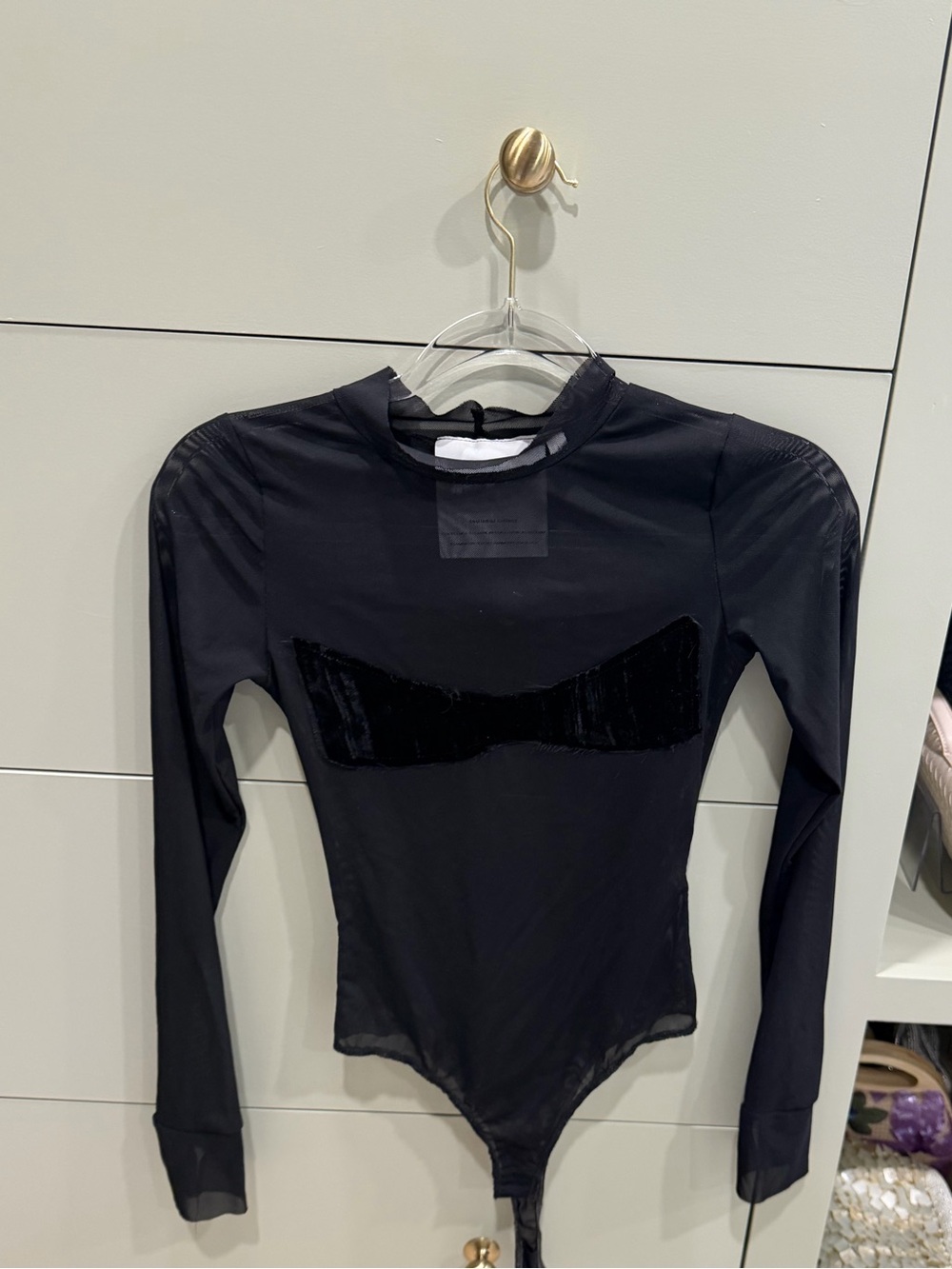 Black Long-Sleeve Mesh Bodysuit with Velvet Detail - Women